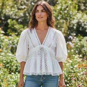 NIBI MTK Lace Ruffle White Blouse Top